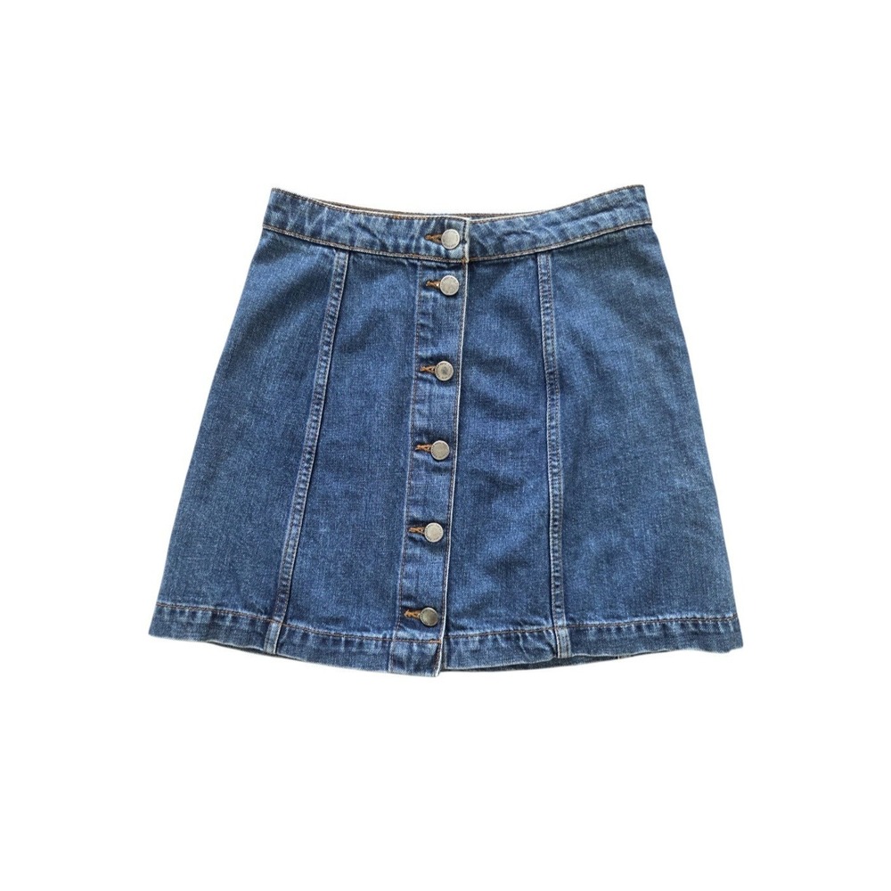 Topshop Moto Denim Mini Skirt Dark Wash Button Front A-Line 25 Retro Indie Y2K